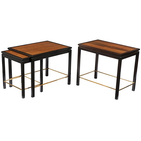 Edward Wormley, occasional tables, three, Dunbar,: Edward Wormley, occasional tables, three, Dunbar, 1960s, light and dark mahogany, brass, largest: 28"w x 24"d x 18"h