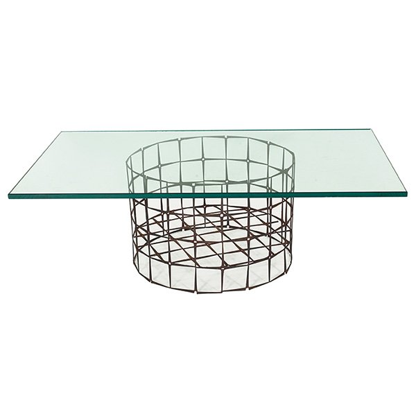 William Bowie (attribution), coffee table, USA, 1960s,: William Bowie (attribution), coffee table, USA, 1960s, masonry nails, bronze-colored finish, glass, 50"w x 30"d x 16"h