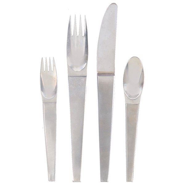 Carl Aubock, Maestro flatware, 48 pieces, Amboss,: Carl Aubock, Maestro flatware, 48 pieces, Amboss, Austria, stainless steel, twelve 4-piece place settings, signed "Amboss Austria 18/8", Each place setting includes a dinner knife, dinner fork, salad/