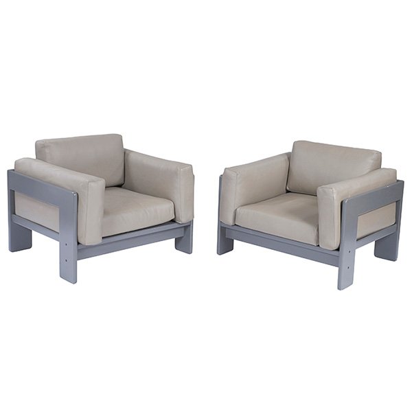 Tobia Scarpa, chairs, pair, Gavina or Knoll, painted: Tobia Scarpa, chairs, pair, Gavina or Knoll, painted wood, leather, unsigned, 36"w x 32"d x 28.5"h