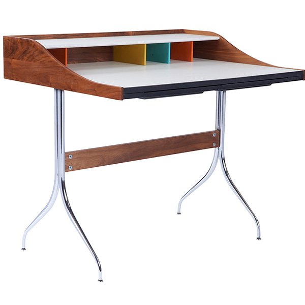 George Nelson, Swag Leg desk, Herman Miller, walnut,: George Nelson, Swag Leg desk, Herman Miller, walnut, chromed steel, laminate, painted wood, signed, recent production, 39"w x 28.5"d x 34.5"h