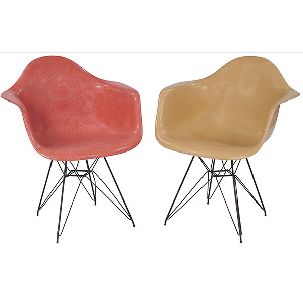 Charles & Ray Eames, DAR shell chairs, two, Herman: Charles & Ray Eames, DAR shell chairs, two, Herman Miller, 1960s, fiberglass, rubber, black enameled steel Eiffel Tower bases, Herman Miller label on one, stamped marks on one, 25"w x 21.5"d x 31"h