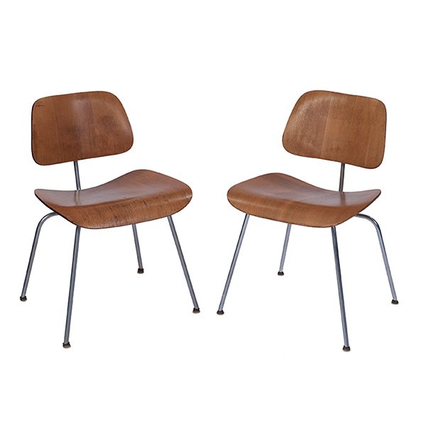 Charles & Ray Eames, DCM chairs, two, Evans Products: Charles & Ray Eames, DCM chairs, two, Evans Products Company/Herman Miller, ash, chromed steel, rubber, each signed with foil Evans/Herman Miller label, Both backrests and one seat are detached from t