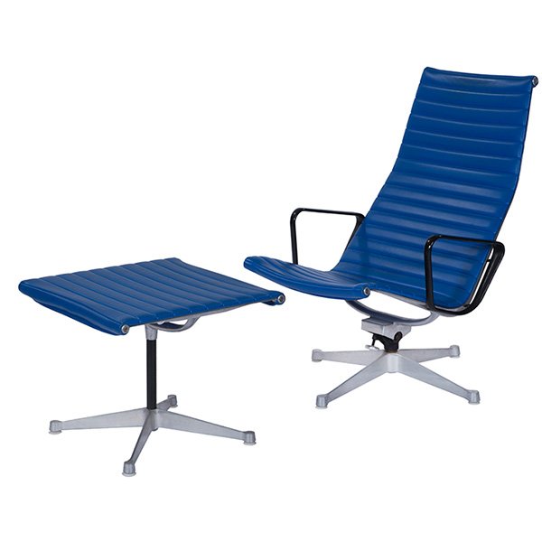 Charles & Ray Eames, Aluminum Group lounge chair and: Charles & Ray Eames, Aluminum Group lounge chair and ottoman, Herman Miller, 1960s, original royal blue vinyl, aluminum, black armrests, signed, chair: 25"w x 33"d x 38"h, ottoman: 21.5"w x 21.5"d x 1