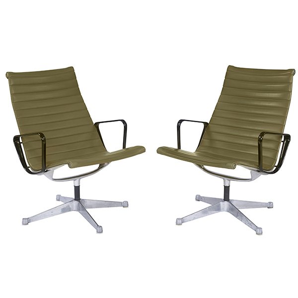 Charles & Ray Eames, Aluminum Group lounge chairs,: Charles & Ray Eames, Aluminum Group lounge chairs, pair, Herman Miller, original green vinyl, aluminum, black armrests, 24.5"w x 28"d x 35"h