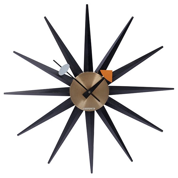 George Nelson, wall clock, Howard Miller, ebonized: George Nelson, wall clock, Howard Miller, ebonized wood, brass, enameled metal, labeled, 18.75''dia x 2.75''d