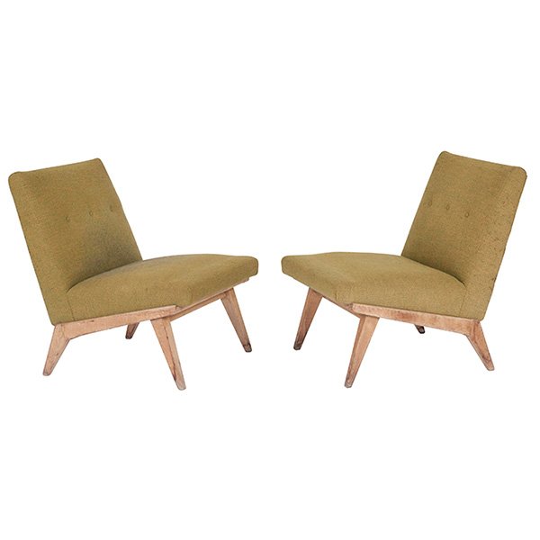 Jens Risom, chairs, pair, Knoll, birch, upholstery, The: Jens Risom, chairs, pair, Knoll, birch, upholstery, The wood frames require refinishing., 24"w x 27.5"d x 30.5"h
