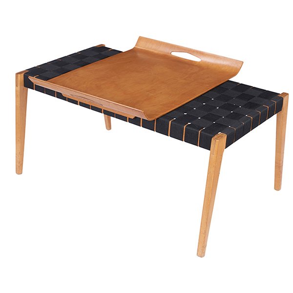 Abel Sorenson, bench and tray, Knoll, 1940s, birch,: Abel Sorenson, bench and tray, Knoll, 1940s, birch, nylon webbing, 34"w x 21.75"d x 16", tray: 24.5"w x 19"d x 3"h