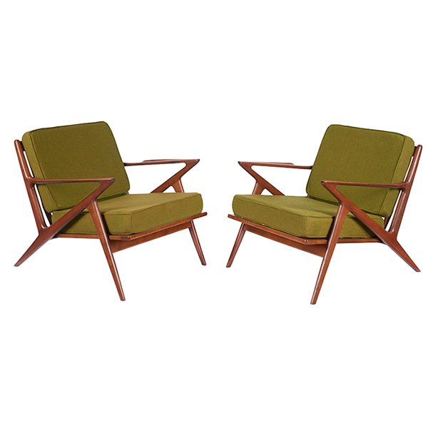 Poul Jensen, "Z" lounge chairs, pair, Selig, Denmark,: Poul Jensen, "Z" lounge chairs, pair, Selig, Denmark, walnut, upholstery, Selig medallion on one chair, 29.5"w x 33"d x 28"h