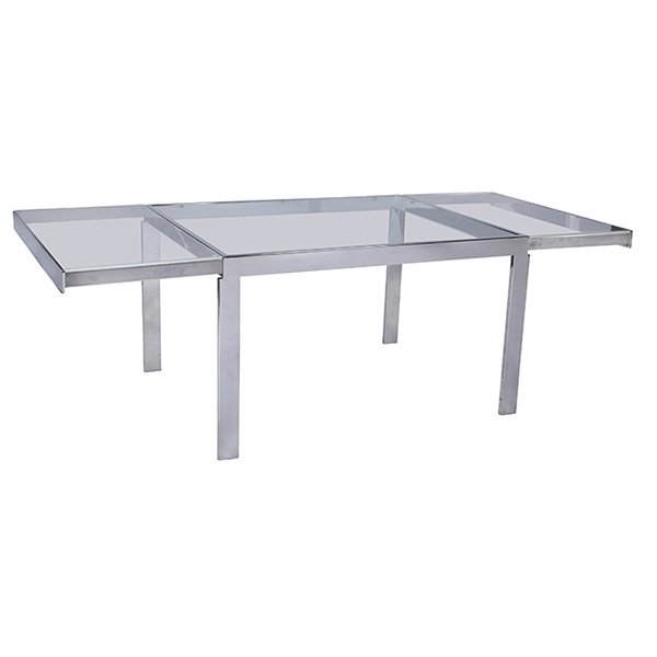 1970s, Extension dining table, chromed metal, glass,: 1970s, Extension dining table, chromed metal, glass, Lucite, unsigned, two 20" retractable leaves with original Lucite tops, 50"w x 40"d x 29.5"h