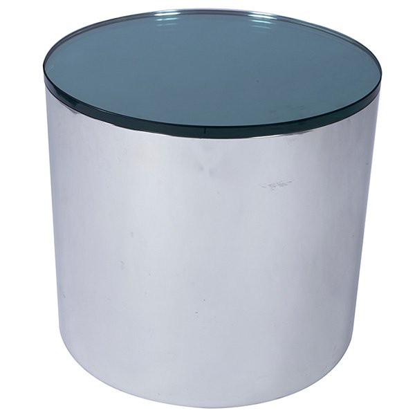 Paul Mayen, occasional table, Habitat, 1970s, polished: Paul Mayen, occasional table, Habitat, 1970s, polished steel, aluminum, glass, signed, 22"dia. x 19.75"h, glass:.75" thick