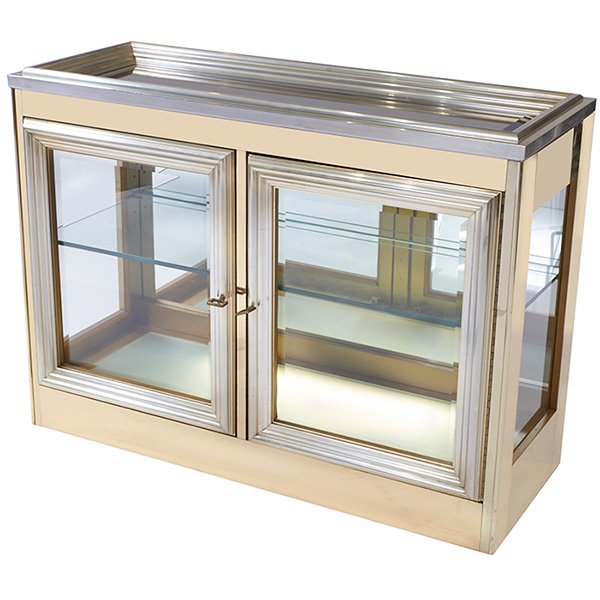 Mastercraft, cabinet, brass, chrome, glass, unsigned,: Mastercraft, cabinet, brass, chrome, glass, unsigned, the cabinet is lit from within, 40.25"w x 16"d x 29.75"h