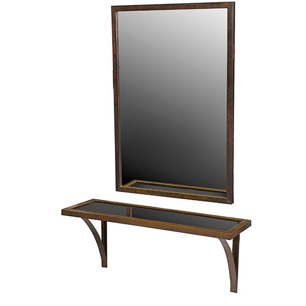 Mastercraft (attribution), wall shelf and mirror, solid: Mastercraft (attribution), wall shelf and mirror, solid brass, black glass,wood, mirror glass, unsigned, mirror: 30"w x 44"h, shelf: 40"w x 12.5"d x 16.25"h