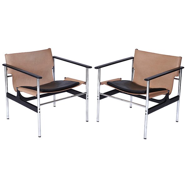Charles Pollock, chairs, pair, Knoll, replaced leather,: Charles Pollock, chairs, pair, Knoll, replaced leather, chromed steel, resin, unsigned, 25.25''w x 26.25''d x 28.5''h