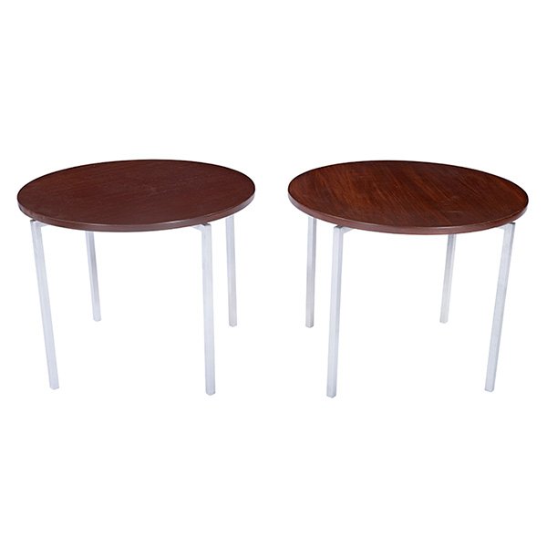 Florence Knoll, occasional tables, pair, Knoll, 1960s,: Florence Knoll, occasional tables, pair, Knoll, 1960s, steel, walnut, each signed with Knoll label, 24"dia. x 19"h