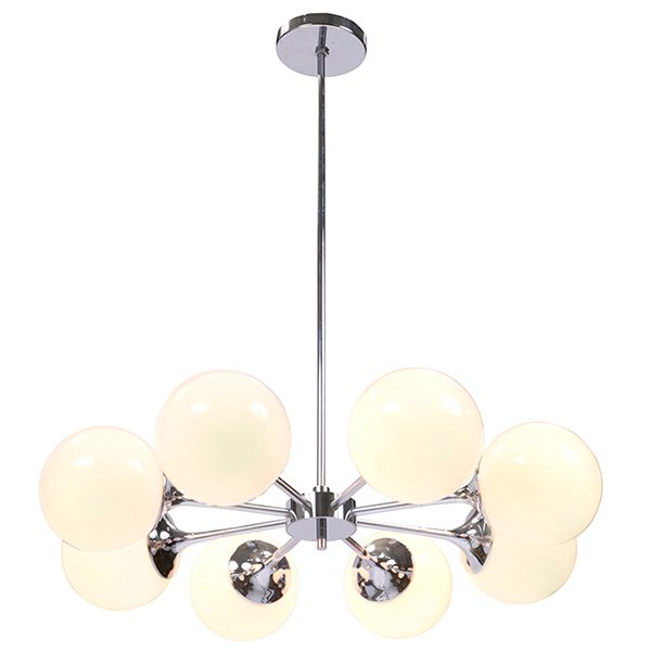 Lightolier, chandelier, chrome, 8 white glass globes,: Lightolier, chandelier, chrome, 8 white glass globes, Lightolier label, 24"dia. x 29"h as shown