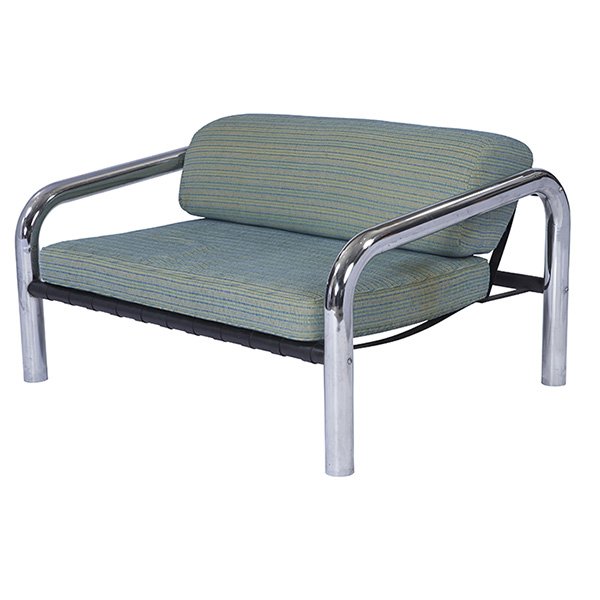 John Mascheroni, Tubo sofa, Mascheroni Designs, 1969,: John Mascheroni, Tubo sofa, Mascheroni Designs, 1969, polished aluminum, upholstery, 54"w x 43"d x 31"h
