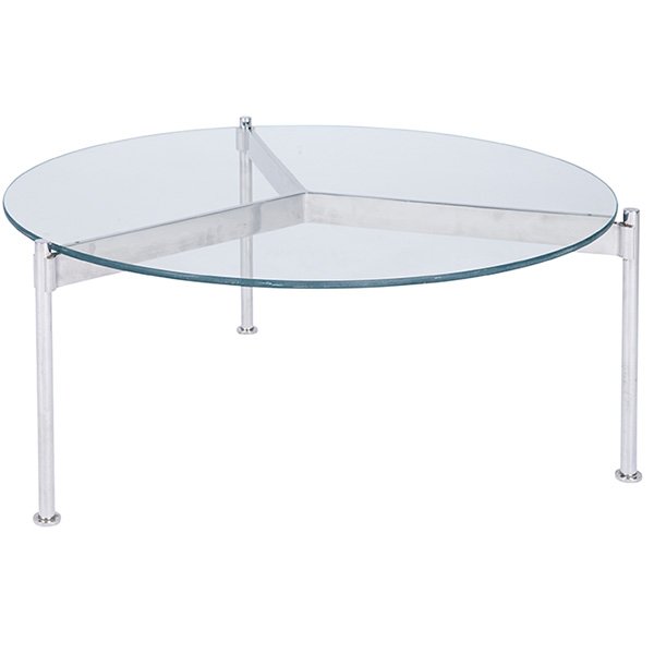 Ward Bennett, table, polished steel, glass, 31"dia. x: Ward Bennett, table, polished steel, glass, 31"dia. x 14.5"h