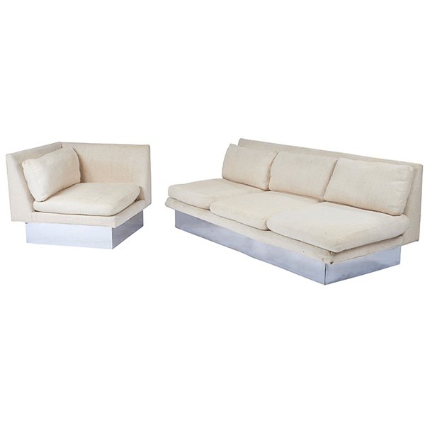 Milo Baughman, sofa and chair, Thayer Coggin, 1970s,: Milo Baughman, sofa and chair, Thayer Coggin, 1970s, chromed metal, wood, upholstery, sofa signed with Thayer Coggin label, sofa: 79"w x 35"d x 29.5"h, chair: 35"w x 35"d x 29.5"h