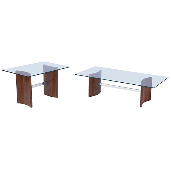 Vladimir Kagan, Radius coffee table and end table,: Vladimir Kagan, Radius coffee table and end table, Selig, USA, 1960s, walnut veneer, chromed steel, glass, unsigned, coffee table: 50"w x 25"d x 14.5"h, end table: 32" x 21.75"d x 19.75"h