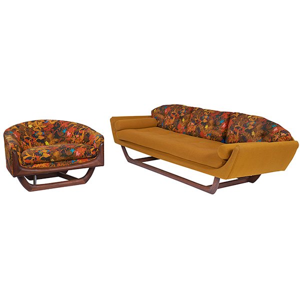 Adrian Pearsall, sofa and chair, Craft Associates,: Adrian Pearsall, sofa and chair, Craft Associates, walnut, upholstery, each with Craft Associates label, chair: 37"w x 33"d x 25"h, sofa: 95"w x 31"d x 28"h