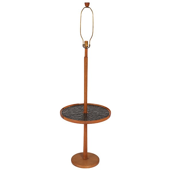 Gordon & Jane Martz, lamp table, Marshall Studios,: Gordon & Jane Martz, lamp table, Marshall Studios, walnut, black glazed stoneware, unsigned, 19"dia. x 59"h