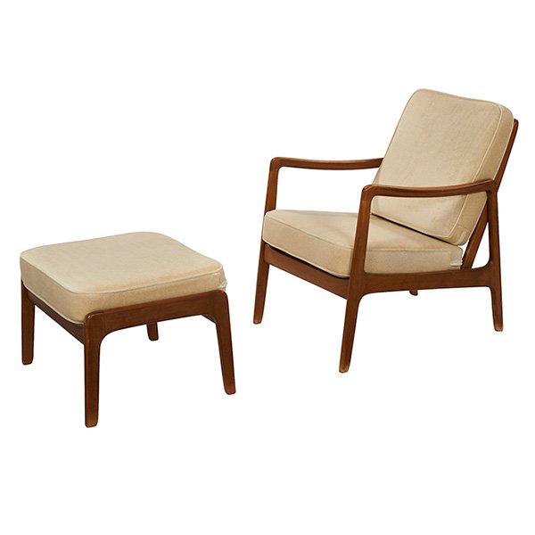 Ole Wanscher, chair and ottoman, France & Sons,: Ole Wanscher, chair and ottoman, France & Sons, Denmark, beech, upholstery, signed with John Stuart metal tag, chair: 24.5"w x 29"d x 32"h, ottoman: 24"w x 19.5"d x 16"h