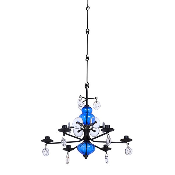 Erik Hoglund, chandelier, Boda Nova Glassworks/Axel: Erik Hoglund, chandelier, Boda Nova Glassworks/Axel Stromberg Ironworks, Sweden, c. 1965, iron, glass, four 7" iron links for hanging, 18.5"dia x 16"h, with links: 42"h