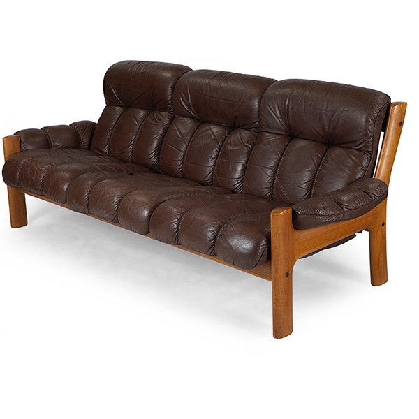 1960s, sofa, Denmark, teak, leather, 74"w x 35"d x 34"h: 1960s, sofa, Denmark, teak, leather, 74"w x 35"d x 34"h