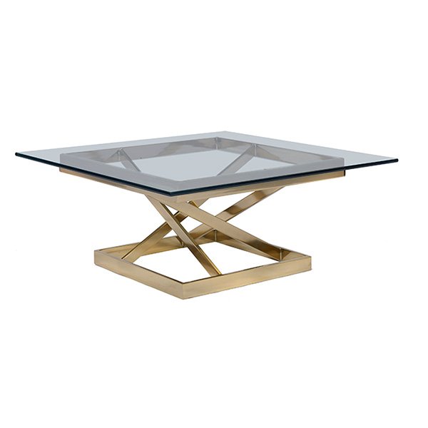 Milo Baughman, attribution, coffee table, brass-plated: Milo Baughman, attribution, coffee table, brass-plated metal, glass, unsigned, 36"w x 36"d x 15"h