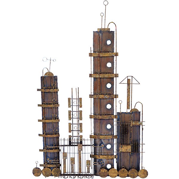 Peter Pepper Products, sculpture, brazed metal, signed: Peter Pepper Products, sculpture, brazed metal, signed with paper label, 35"w x 4"d x 51"h