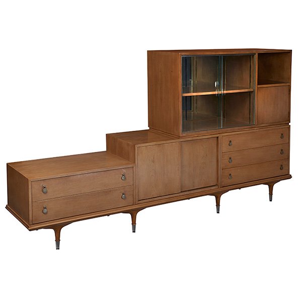 Renzo Rutilo, five-part cabinet / room divider, Johnson: Renzo Rutilo, five-part cabinet / room divider, Johnson Furniture Co., Grand Rapids, MI, maple, brass, glass, signed with branded mark, The upper cabinet features sliding doors on both sides; the, int