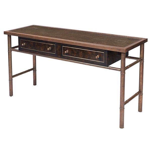 Mastercraft, console, 1970s, patinated and etched: Mastercraft, console, 1970s, patinated and etched bronze, burled wood, signed with Mastercraft label remnant, 54"w x 19"d x 28"h
