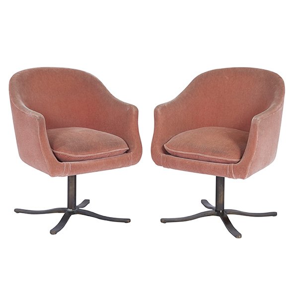 Nico Zographos, lounge / occasional chairs, pair,: Nico Zographos, lounge / occasional chairs, pair, Zographos Designs, Ltd., bronze, mohair, the swiveling bases return to the front facing position, 25"w x 25"d x 31.5"h