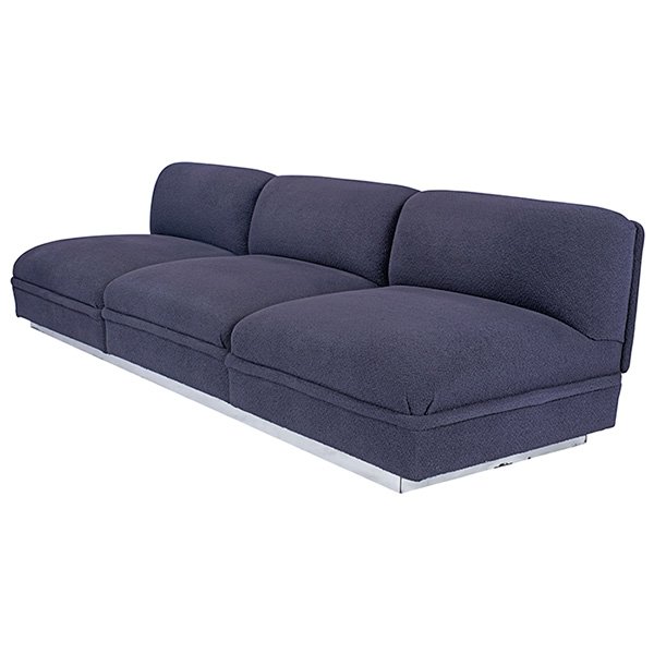 Brueton, sofa, chromed metal, wood, upholstery,: Brueton, sofa, chromed metal, wood, upholstery, unsigned, 108"w x 39"d x 31"h