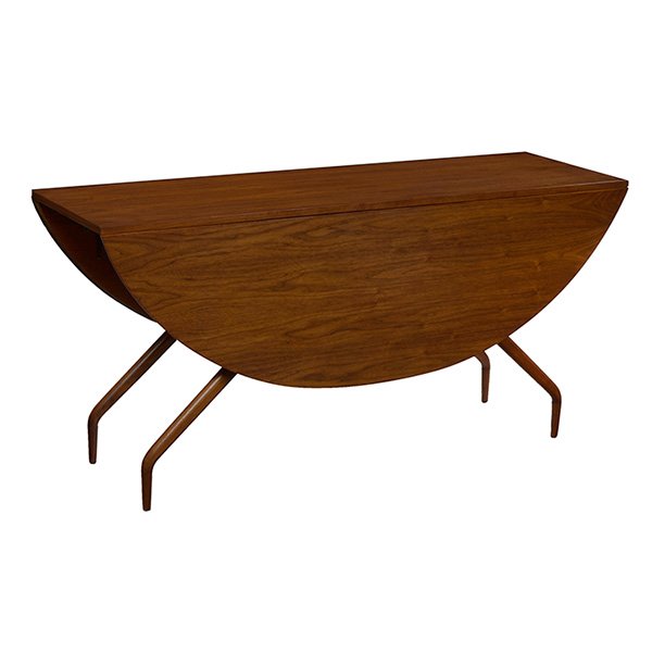 Greta Magnusson Grossman, drop-leaf dining table, Glenn: Greta Magnusson Grossman, drop-leaf dining table, Glenn of California, 1960s, walnut, legs swing out to support the top when the drop sides are raised, 60"w x 18"d x 29"h, when open: 60" x 54"