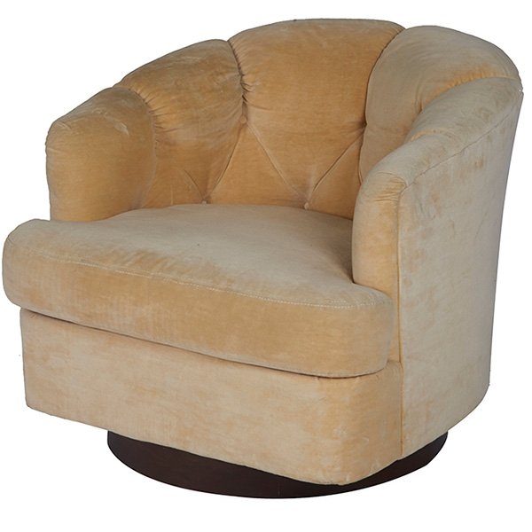 Milo Baughman, swiveling lounge chair, Selig, USA,: Milo Baughman, swiveling lounge chair, Selig, USA, velvet upholstery, wood, Selig label, 29.5"w x 34"d x 26"h