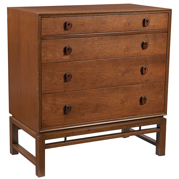 Edward Wormley, cabinet, Dunbar, 1960s, walnut, brass,: Edward Wormley, cabinet, Dunbar, 1960s, walnut, brass, rosewood trim to handles, rectangular brass Dunbar tag, 33"w x 18.25"d x 35.5"h