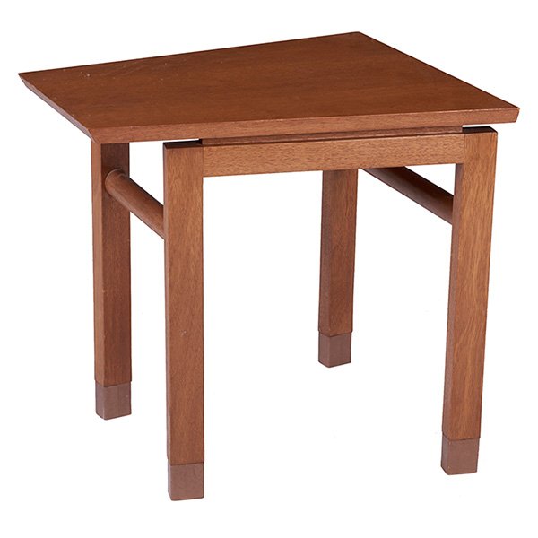Edward Wormley, Wedge occasional table, No. 650,: Edward Wormley, Wedge occasional table, No. 650, Dunbar, 1960s, mahogany, walnut, leather, rectangular brass tag, Dunbar for Modern label, 25"w x 26"d x 22.25"h