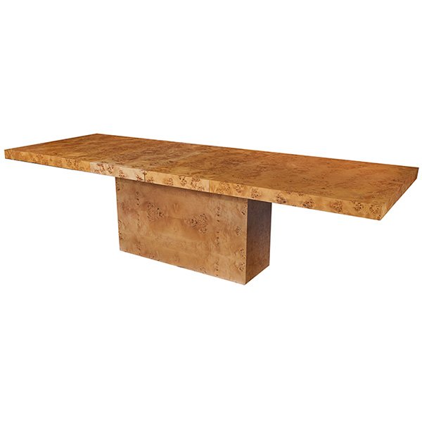 Milo Baughman, dining table, Thayer Coggin, 1960s,: Milo Baughman, dining table, Thayer Coggin, 1960s, book-matched mapa burl veneer, wood, two 18" leaves are stored in the plinth base, shown with the leaves in place, 72"w x 38"d x 29.5"h