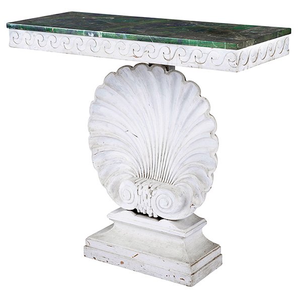 Edward Wormley, shell console table, Dunbar, 1940s,: Edward Wormley, shell console table, Dunbar, 1940s, painted mahogany, Dunbar branded mark, top painted to resemble green marble, 32"w x 12"d x 30.5"h, Provenance: The Estate of Robert Edwards, Swarthm