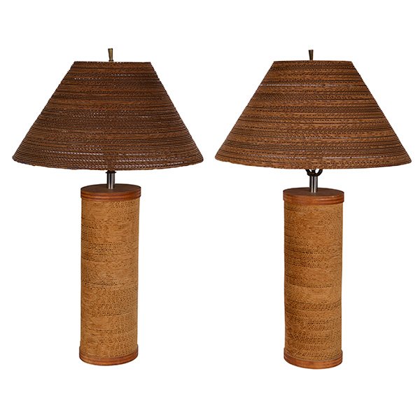 Style of Frank Gehry, table lamp, pair, with matching: Style of Frank Gehry, table lamp, pair, with matching hanging lamp (not shown), corrugated cardboard, wood, unsigned, 17"dia x 28"h, hanging lamp: 17.5"dia x 11"h