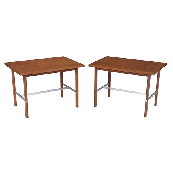 Paul McCobb, tables, pair, Calvin, Grand Rapids, MI,: Paul McCobb, tables, pair, Calvin, Grand Rapids, MI, walnut, brushed aluminum, each signed with Calvin tag, 26''w x 18''d x 18''h
