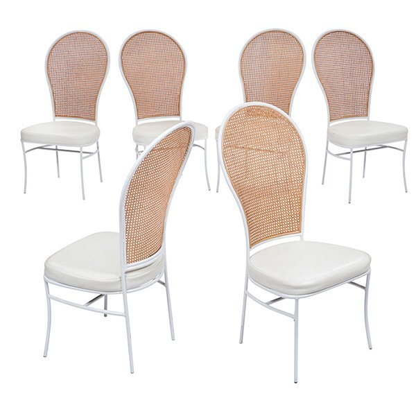 Milo Baughman, dining chairs, six, Thayer Coggin, USA,: Milo Baughman, dining chairs, six, Thayer Coggin, USA, 1973, metal frames with white finish, original caning, vinyl upholstery, one signed with Thayer Coggin label, 20"w x 21"d x 43"h