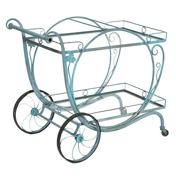 Salterini, bar cart, wrought iron, glass, rubber, the: Salterini, bar cart, wrought iron, glass, rubber, the original green finish mimics patinated copper, 40"w x 24"d x 23.5"h