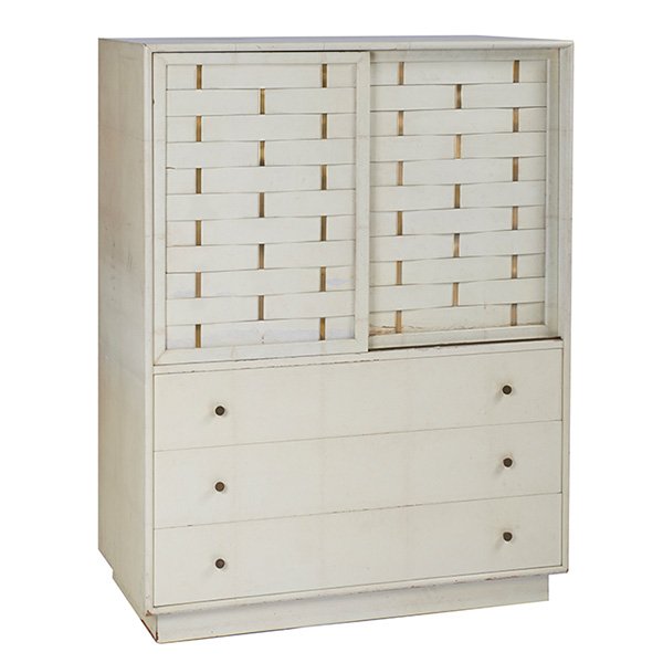 Harvey Probber, cabinet, Harvey Probber, Inc., Falls: Harvey Probber, cabinet, Harvey Probber, Inc., Falls River, MA, wood, brass, signed with metal tag, 42"w x 18.25"d x 54.5"h