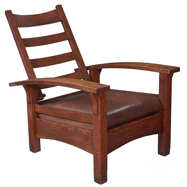 Gustav Stickley bow-arm Morris chair, #336 30"w x 37"d: Gustav Stickley bow-arm Morris chair, #336, Eastwood, NY, oak, leather, branded signature, 30"w x 37"d x 42"h