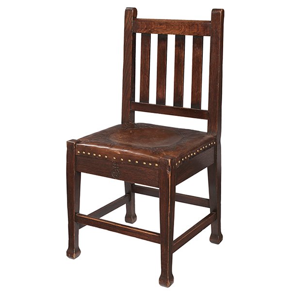 The Roycrofters side chair, #025 18"w x 18"d x 38"h: The Roycrofters, side chair, #025, East Aurora, NY, oak, tooled leather, brass, signed with an orb, 18"w x 18"d x 38"h