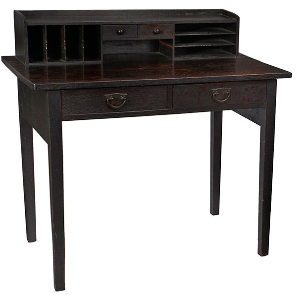 Gustav Stickley writing desk, #720 38"w x 23"d x 37"h: Gustav Stickley writing desk, #720, Eastwood, NY, oak, iron, signed with red decal, 38"w x 23"d x 37"h