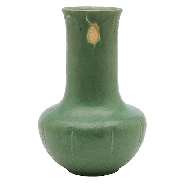 Grueby Faience Company Gourd vase 6"dia x 9"h: Grueby Faience Company, Gourd vase, Boston, MA, matte green glazed Pottery marked, 6"dia x 9"h